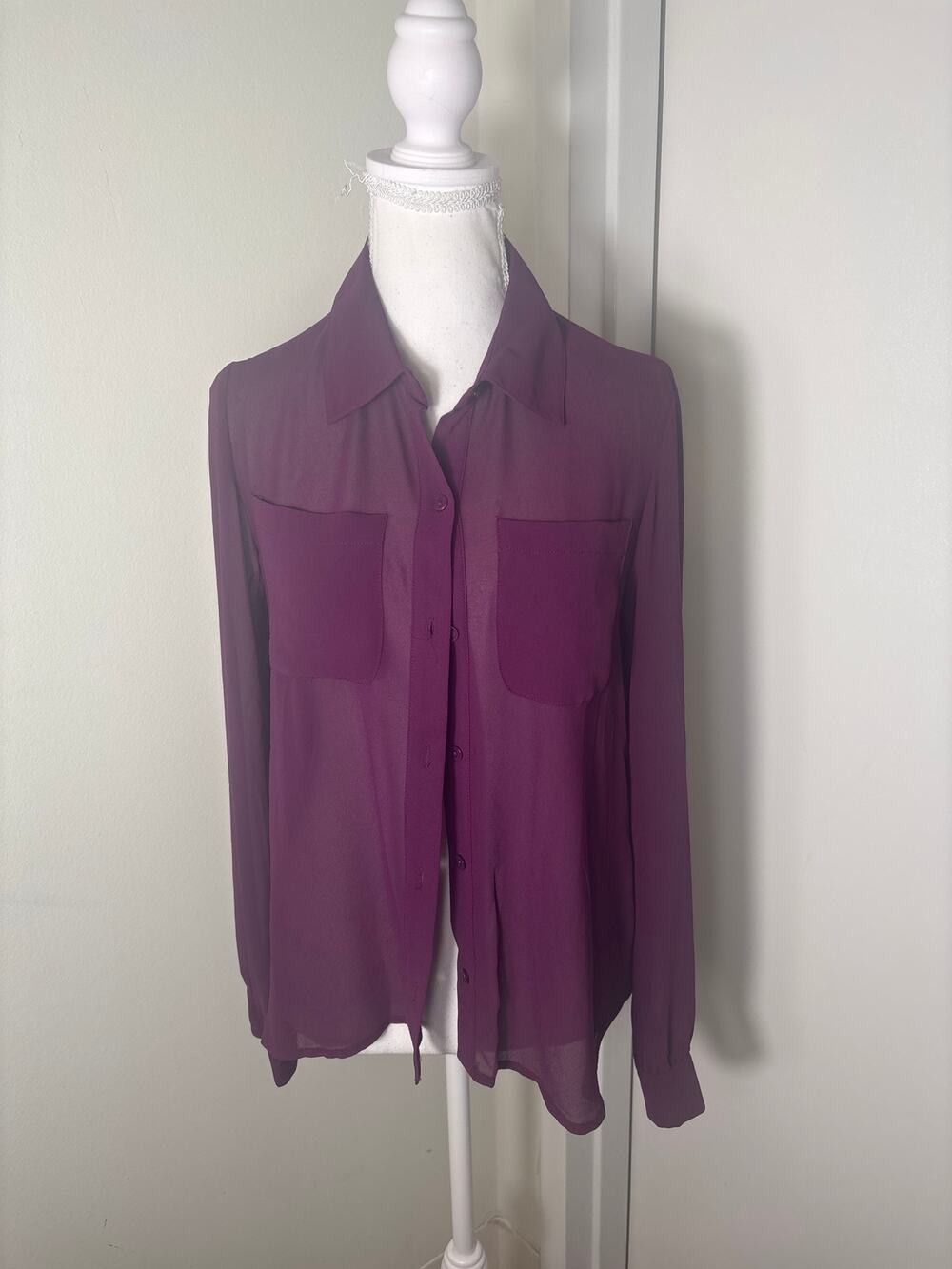 Naked Zebra Plum Long Sleeve Open Back Button Up Blouse Sz S